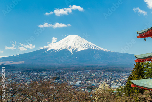 Photography Red pagoda Shimoyoshida shrine with snow on Fuji mountain