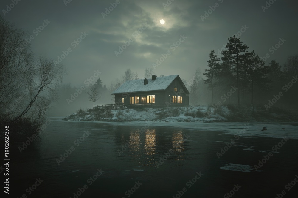 Fototapeta premium Foggy winter landscape with a wooden house on the bank of a frozen lake. 