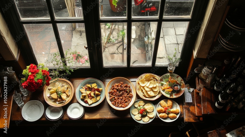 Directly above view of various tapas plates in a tapas bar, clear windows providing bright, natural light.