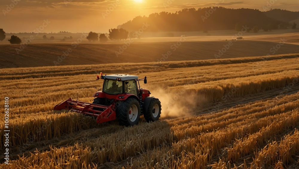 Obraz premium Red tractor harvesting wheat in a golden field at sunset.