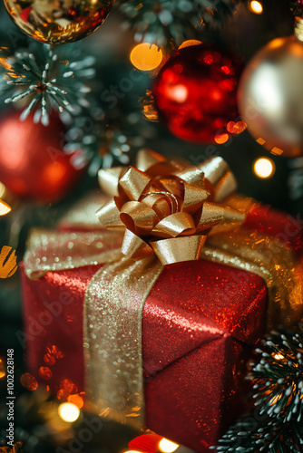 Close-up of a red Christmas ornament hanging on a decorated tree with sparkling lights, holiday season festive decoration and golden ribbon photo