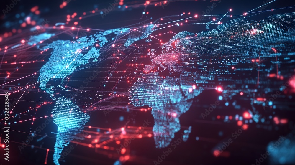 Digital world map with glowing nodes and connections