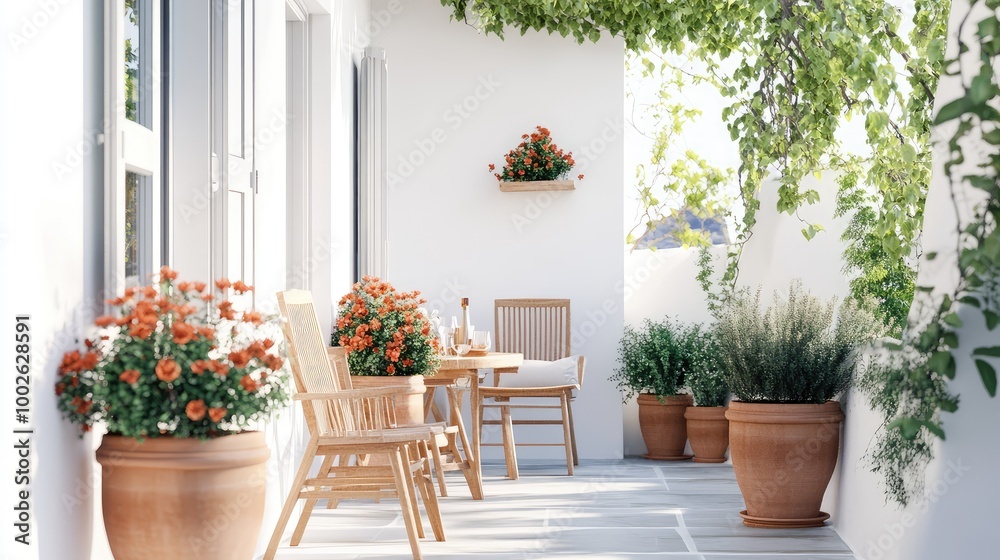 A modern with clean white walls, simple wooden furniture, and terracotta pots filled with flowers A modern with clean white walls, simple wooden furniture, and terracotta pots filled with flowers