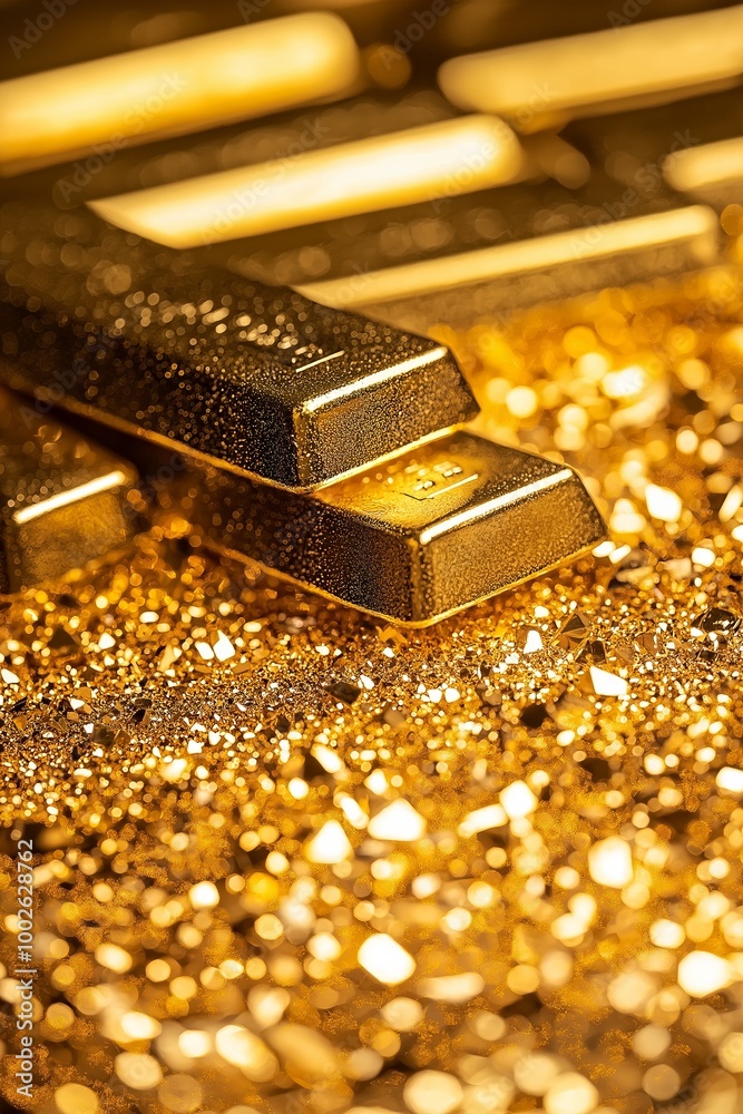 Gold bars resting on a glimmering golden dust surface with highlights of light.