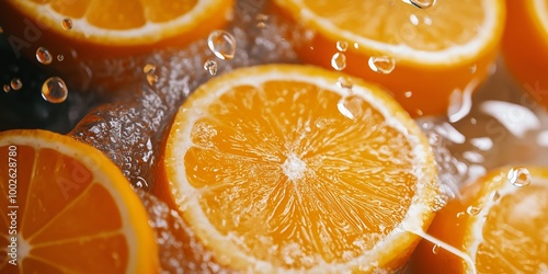 Close-up view of fresh orange slices with water droplets enhancing the juicy texture.