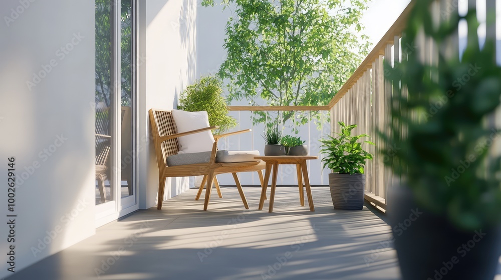 Fototapeta premium A modern with clean lines, light wood furniture, and potted plants creating a sleek and cozy space