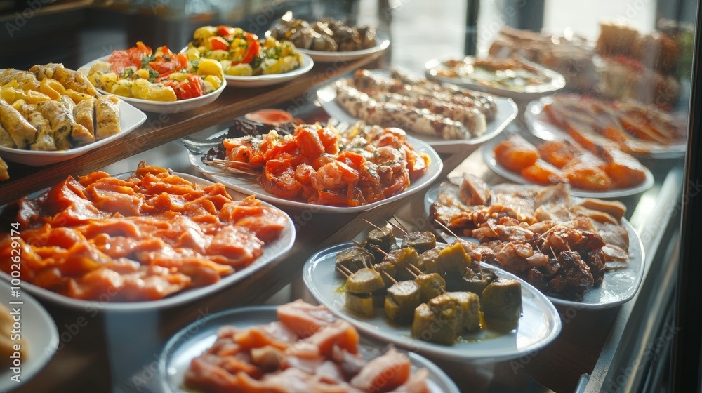 Obraz premium High-angle view of assorted tapas plates, served at a tapas bar, clear windows providing warm, natural light