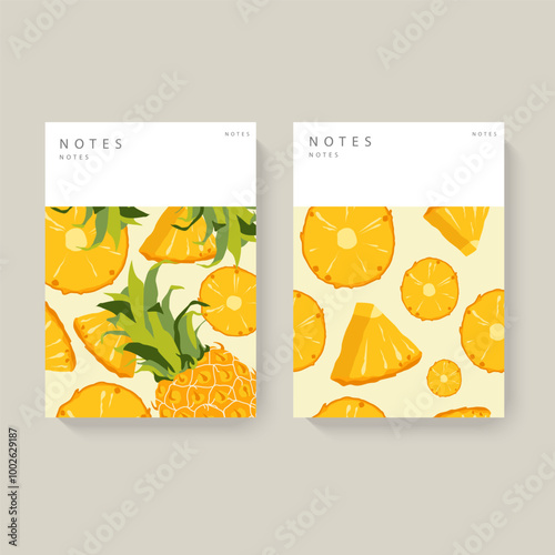 Two illustrated notebooks with pineapple patterns on a white background. Minimalist design with a white header for text. Concept of stationery. Perfect for journaling