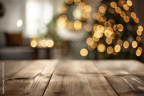 Rustic wooden tabletop with blurred Christmas lights in a cozy living room interior, ready for product display during the holiday season photo