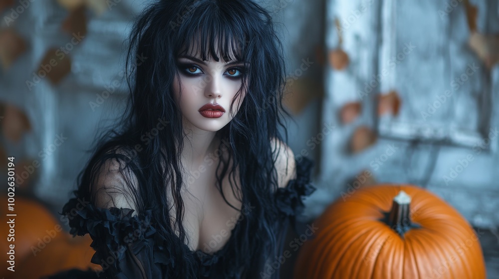 Dark Gothic Halloween Aesthetic with Pumpkins and Mysterious Girl Dark Gothic Halloween Aesthetic with Pumpkins and Mysterious Girl