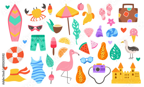 Summer vibe. Beach abstract icon. Happy vacation. Trip holiday. Sand castle. Cartoon travel tour art. Palm leaf. Doodle fruit. Ice cream. Sunbathing umbrella. Sunglasses and bikini. Vector garish set
