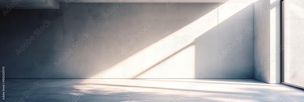 Obraz premium A minimalist empty room featuring natural sunlight reflections on the white walls and tiled floor, creating a serene, open atmosphere