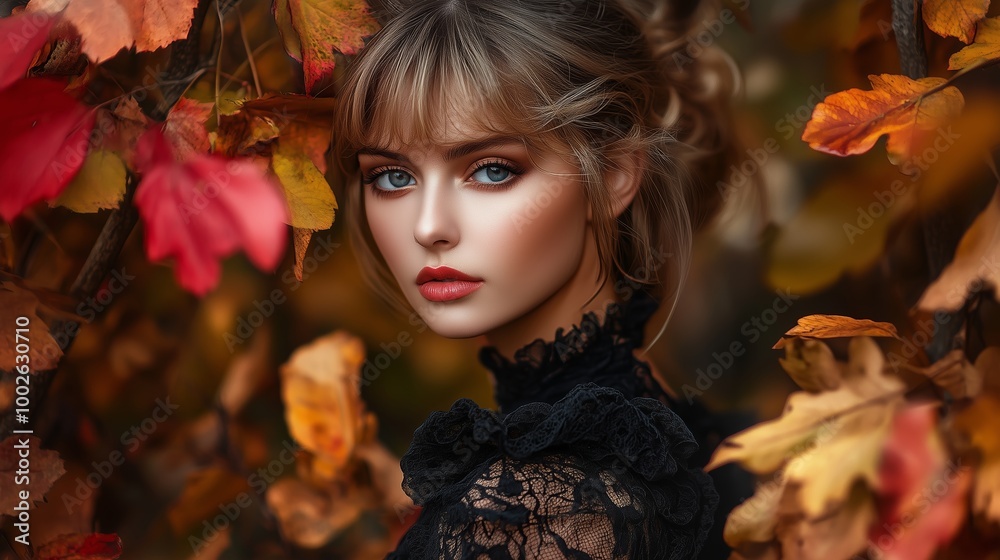 A young woman poses gracefully in a black lace outfit surrounded by vibrant autumn leaves at a tranquil outdoor location A young woman poses gracefully in a black lace outfit surrounded by vibrant autumn leaves at a tranquil outdoor location