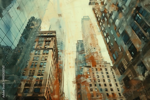 A painting of a cityscape with tall buildings and a cloudy sky