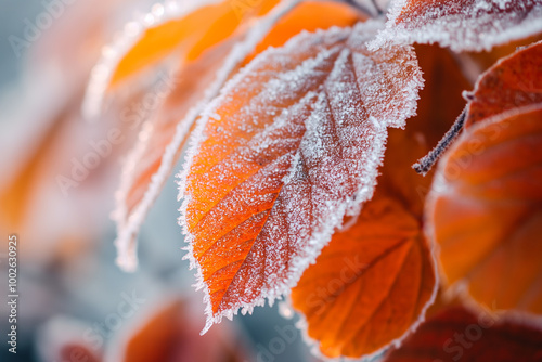 Close-up of red autumn leaves covered in frost, capturing the delicate beauty of nature during a cold winter morning in a macro shot photo