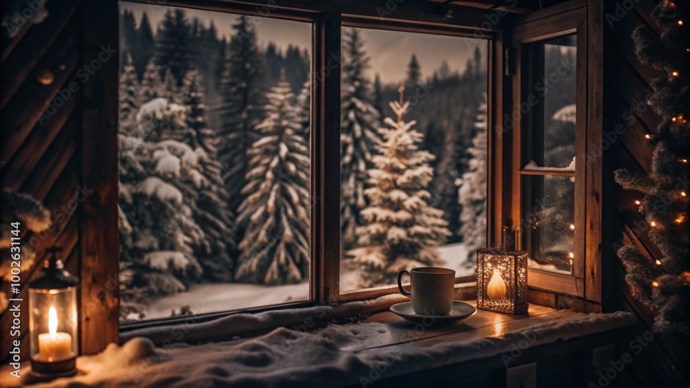 Cozy Christmas morning view of snowy forest through cabin window, peaceful winter scene. Cozy Christmas morning view of snowy forest through cabin window, peaceful winter scene.