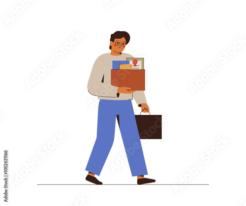 Young Man lost his job. Layoff and staff reduction. Fired male leaving workplace with box and bag in the hands. Сhange of job or profession, relocation to another country. Vector illustration
