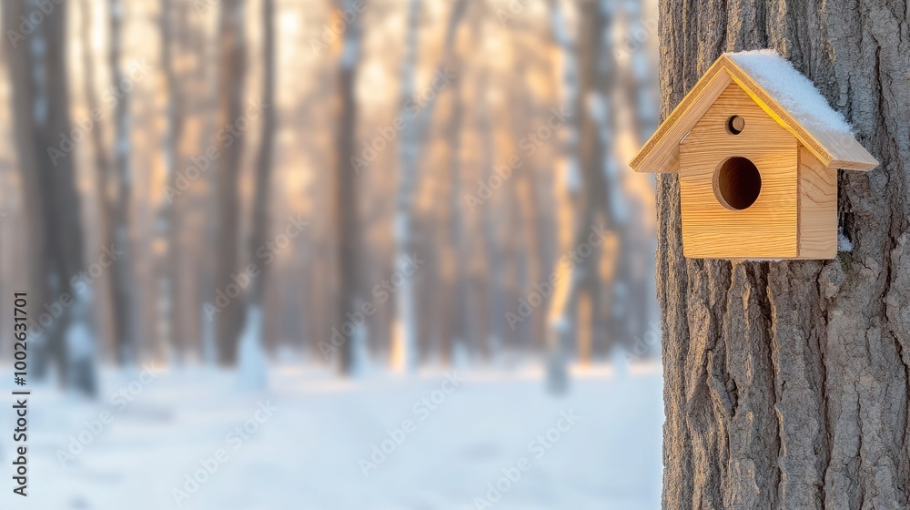 A wooden birdhouse is nestled on a tree trunk, adorned with snow, surrounded by a tranquil winter landscape showcasing the beauty of nature A wooden birdhouse is nestled on a tree trunk, adorned with snow, surrounded by a tranquil winter landscape showcasing the beauty of nature