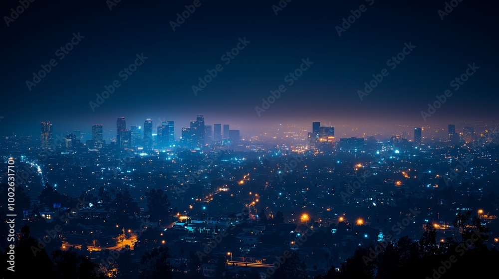 Fototapeta premium Night City Skyline with Vibrant Lights and Pollution