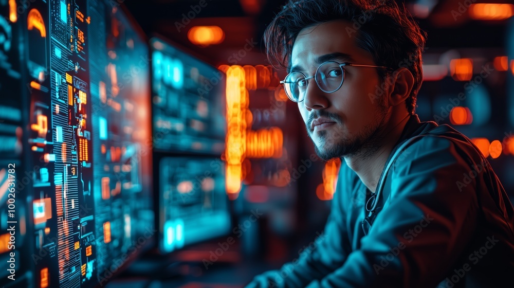Designer Working with AI in Modern Tech Environment Designer Working with AI in Modern Tech Environment
