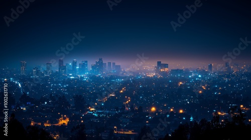 Night City Skyline with Vibrant Lights and Pollution