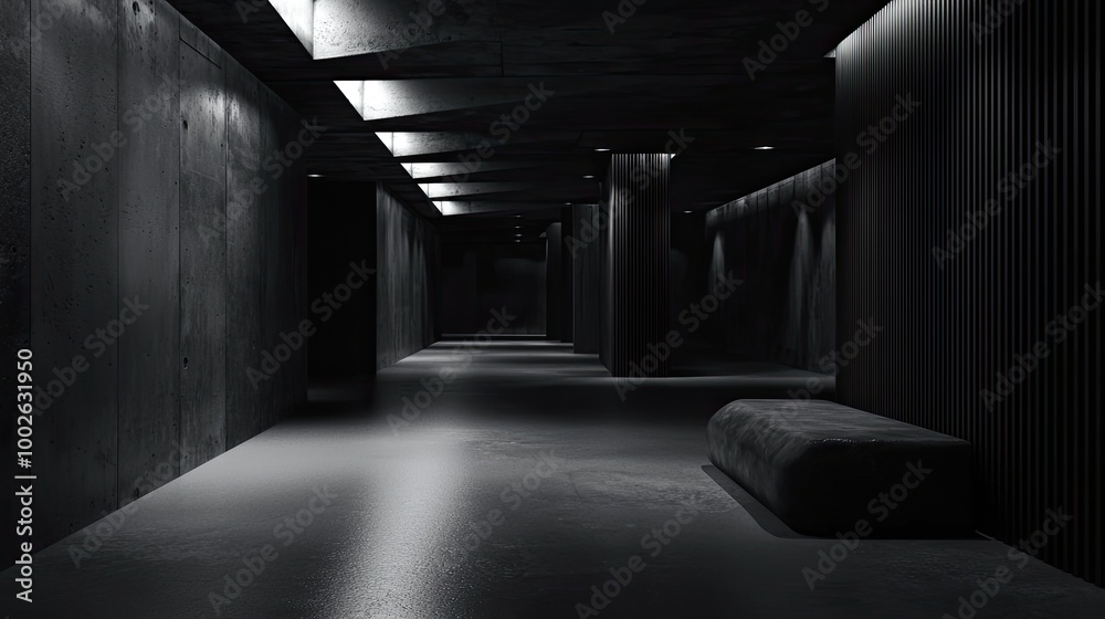 A minimalist, industrial-style room with dark concrete walls and floor, illuminated by sleek LED strip lights, creating a futuristic ambiance A minimalist, industrial-style room with dark concrete walls and floor, illuminated by sleek LED strip lights, creating a futuristic ambiance