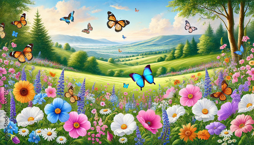 Vibrant Flower Meadow with Butterflies and Picturesque Hills. Photorealistic Illustration of Blooming Wildflowers and Butterflies in Nature Landscape with Hills, Trees, and a Clear Sky. AI-generated