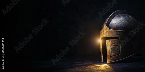medieval knight worrier helmet with light glowing isolated on dark background with copy space for text