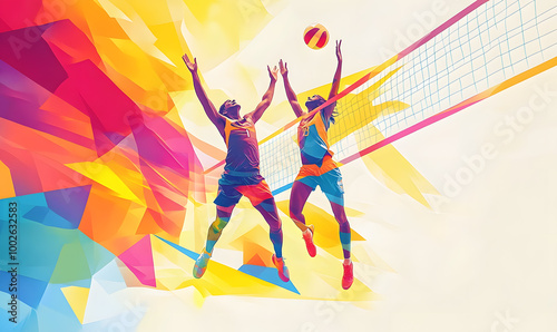 Dynamic Volleyball Action with Neon Lights and Abstract Geometric Patterns for Futuristic Sports Branding