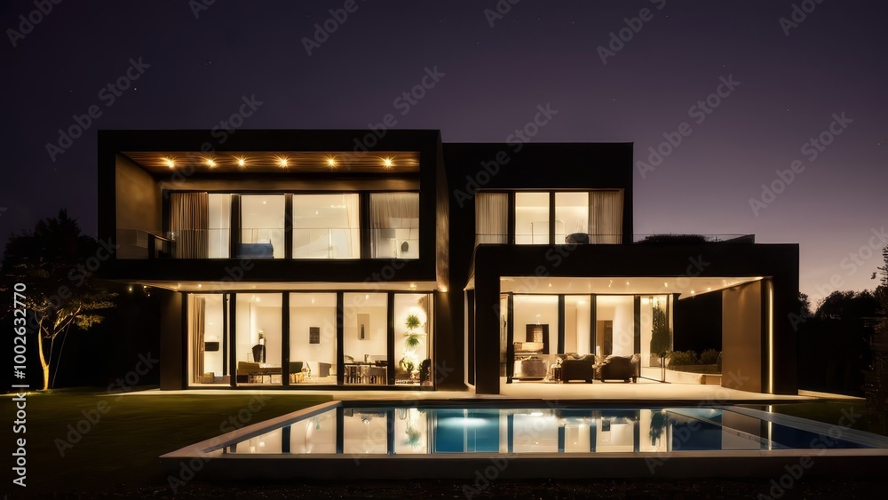 contemporary two-story house showcases sleek architecture expansive glass windows that reflect warm indoor lighting. designed exterior includes swimming pool, enhancing atmosphere of the backyard contemporary two-story house showcases sleek architecture expansive glass windows that reflect warm indoor lighting. designed exterior includes swimming pool, enhancing atmosphere of the backyard