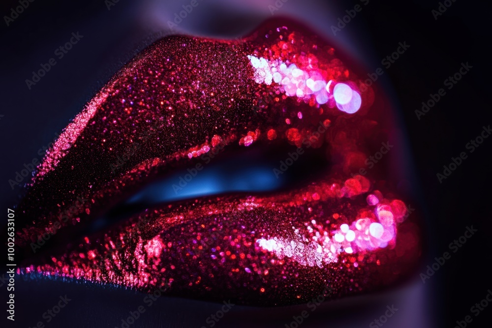 A captivating close-up of glossy lips adorned with vibrant, shiny glitter in an artistic, dramatic lighting environment. Generative AI A captivating close-up of glossy lips adorned with vibrant, shiny glitter in an artistic, dramatic lighting environment. Generative AI