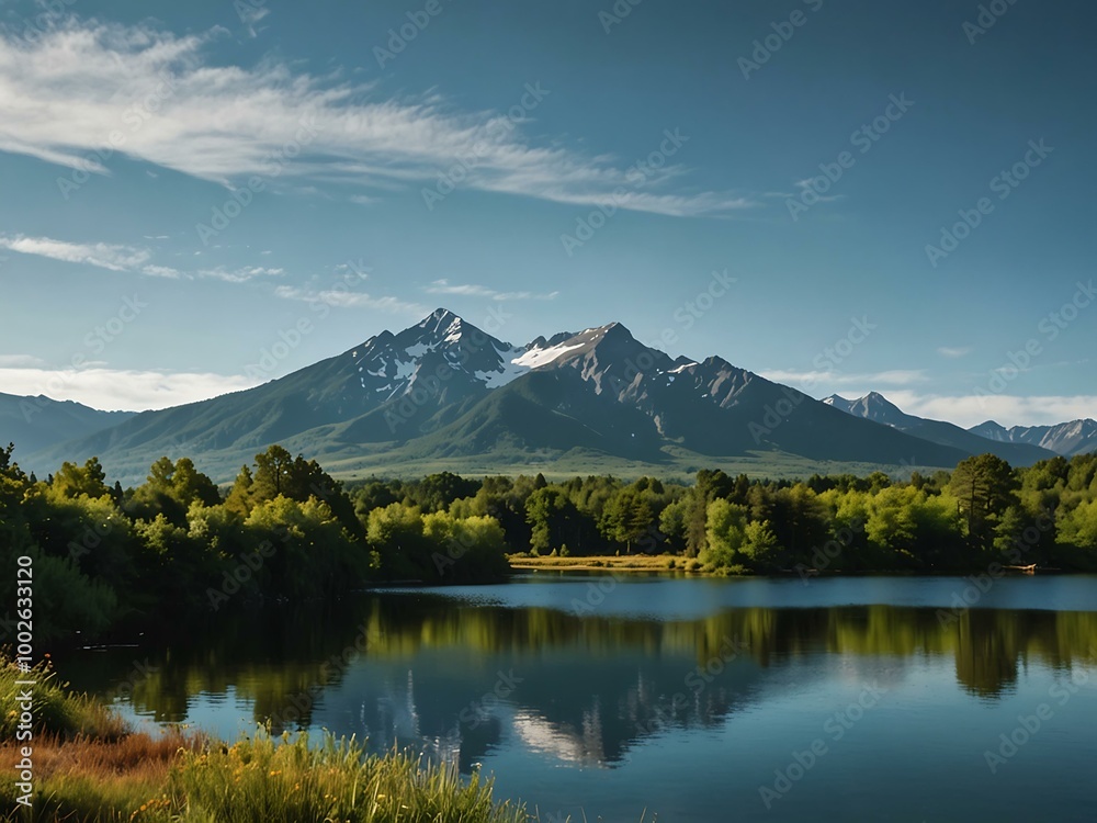 Scenic view of a lake and mountains. Scenic view of a lake and mountains.