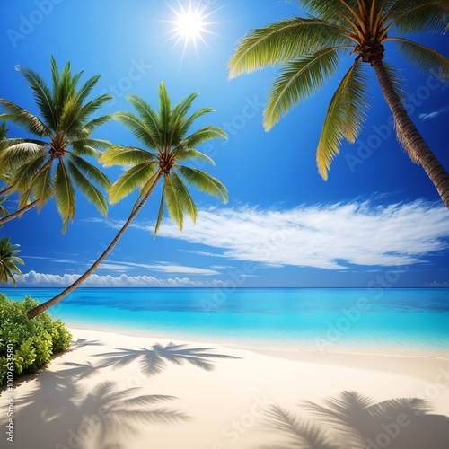blue ocean horizon with palm trees silhouette