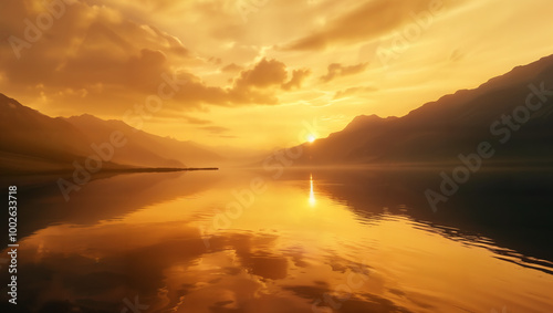 A tranquil lake reflecting the golden sky, the composition kept simple