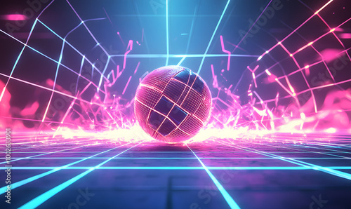 Dynamic Volleyball Action with Neon Lights and Abstract Geometric Patterns for Futuristic Sports Branding