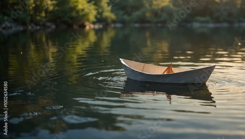 Serene nature scene with a paper boat floating on sunlit water.