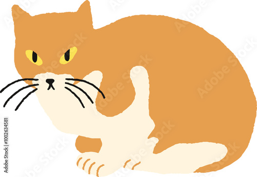 Ginger and white cat illustration. Hand drawn feline sitting in loaf position and watching. Flat graphic vector illustration isolated on white background