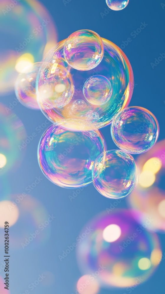 Colorful soap bubbles floating against a blue Colorful soap bubbles floating against a blue