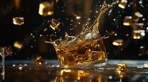 Mid-air splash of whiskey and ice cubes, the golden liquid dancing against a dark backdrop, creating a striking image that conveys energy