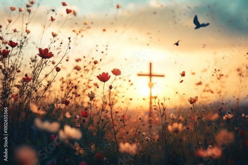 Sunset over the meadow with red poppies and cross. photo