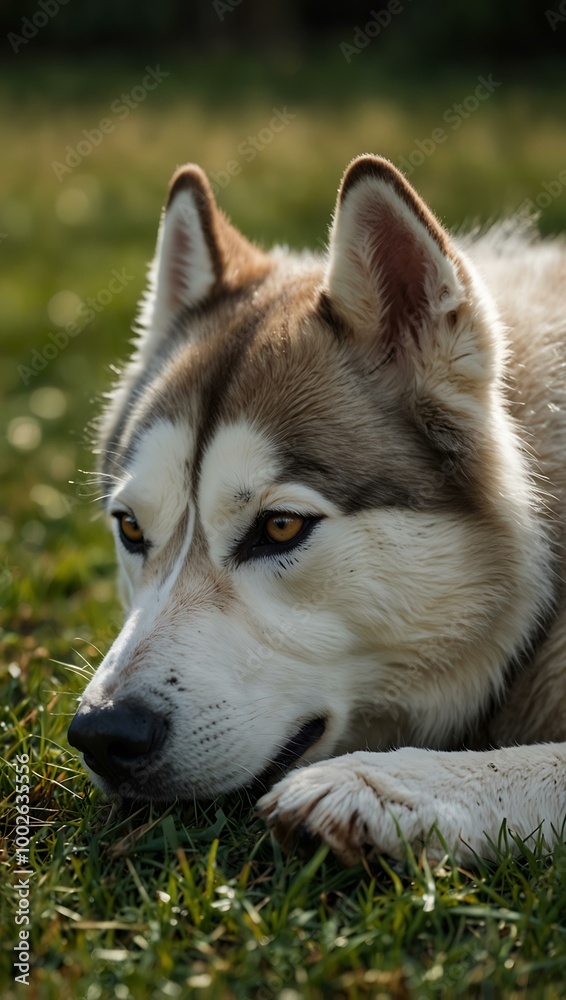 Siberian husky resting on the grass. Siberian husky resting on the grass.