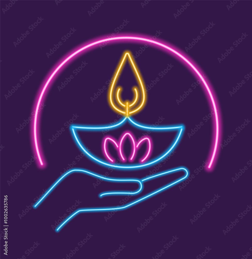 Neon glowing diya and hand icon. The radiant glow of the Diwali candle symbolizes light overcoming darkness and signifies hope and prosperity. Neon glowing diya and hand icon. The radiant glow of the Diwali candle symbolizes light overcoming darkness and signifies hope and prosperity.
