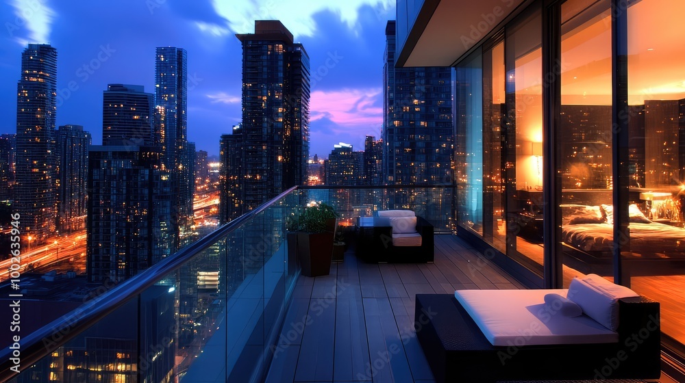 Obraz premium with glass railings, modern furniture, and an open view of the city's lights at night