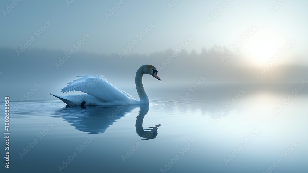 Fototapeta premium Serene Swan Gliding Through Misty Pond at Dawn
