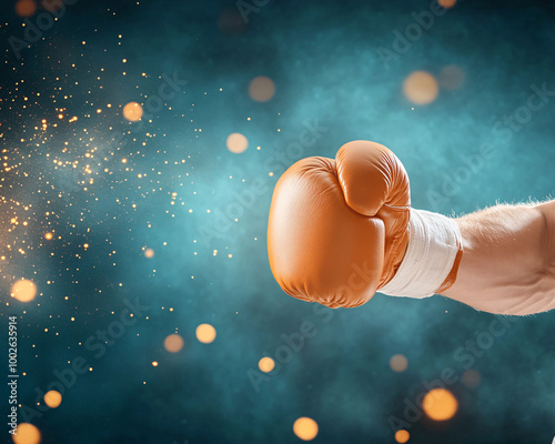 A boxing glove is shown in the air with a lot of sparks flying around it. Concept of action and intensity, as if the boxer is about to deliver a powerful punch. The sparks add a dynamic