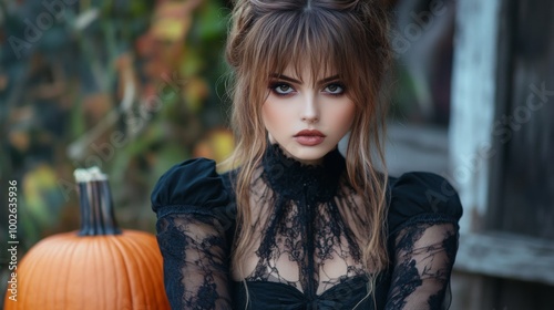 Dark Gothic Halloween Aesthetic with Pumpkins and Mysterious Girl