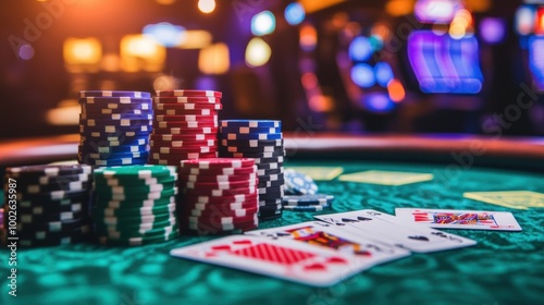 A vibrant casino table filled with colorful poker chips and playing cards during a lively night of gaming. Generative AI