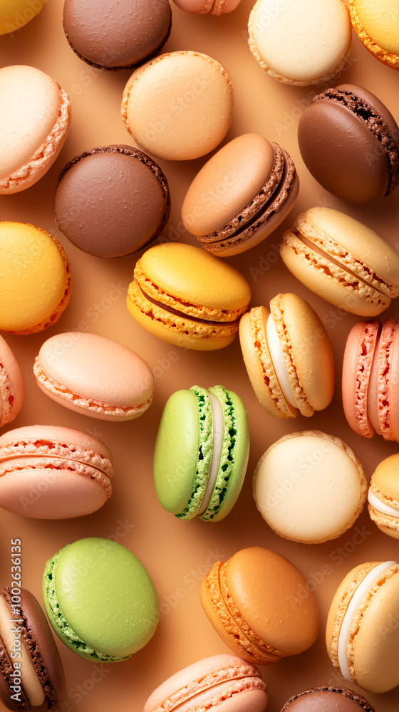 A close up of a variety of different colored macarons. The macarons are arranged in a way that they look like they are in a row, but they are actually scattered around the image A close up of a variety of different colored macarons. The macarons are arranged in a way that they look like they are in a row, but they are actually scattered around the image