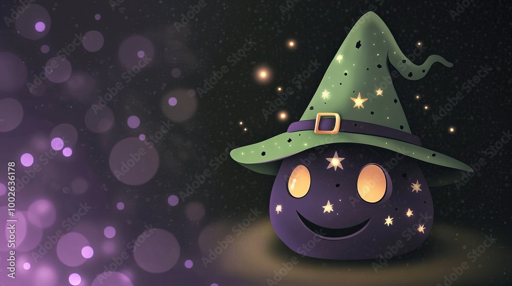 Fototapeta premium A cute, cartoon-style pumpkin wearing a witch's hat with a festive, starry background.