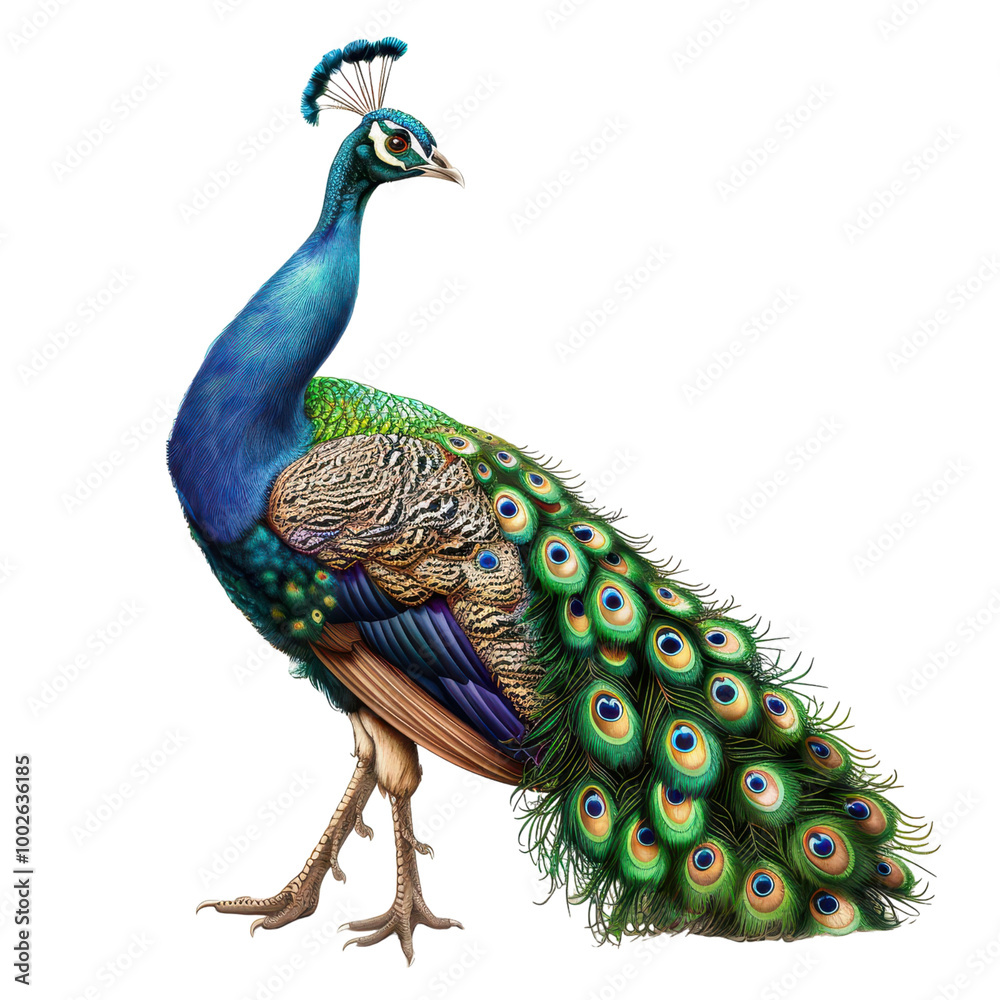 Obraz premium A vibrant peacock showcasing its stunning plumage with rich colors and intricate patterns, perfect for nature-themed projects.